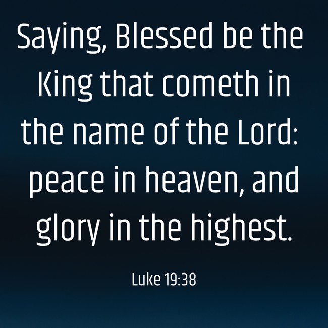 Saying, Blessed be the King that cometh in the name of the Lord: peace in heaven, and glory in the highest. - Luke 19:38