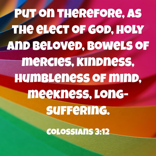 Put on therefore, as the elect of God, holy and beloved, bowels of mercies, kindness, humbleness of mind, meekness, long-suffering. - Colossians 3:12