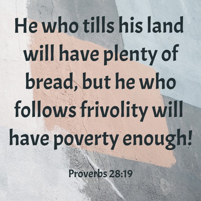 He who tills his land will have plenty of bread, but he who follows frivolity will have poverty enough! - Proverbs 28:19