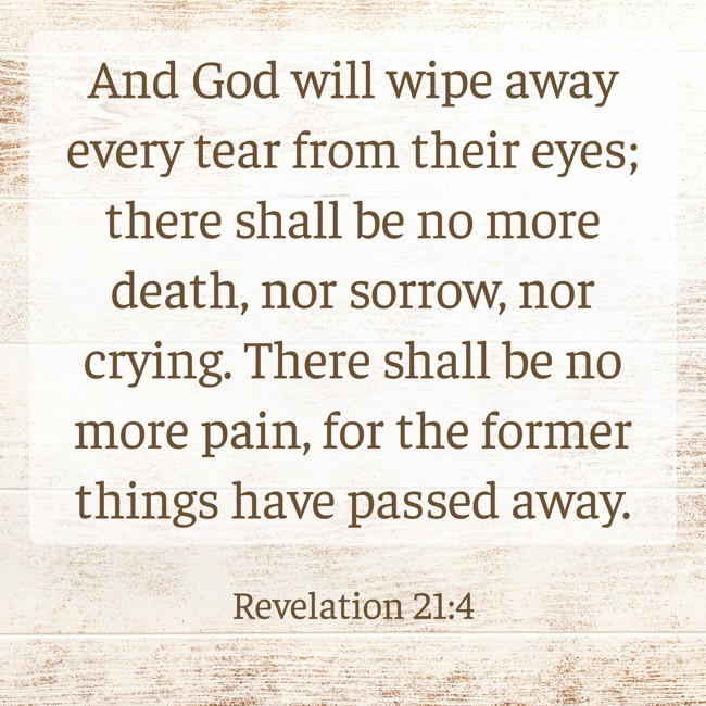 And God will wipe away every tear from their eyes; there shall be no more death, nor sorrow, nor crying. There shall be no more pain, for the former things have passed away. - Revelation 21:4