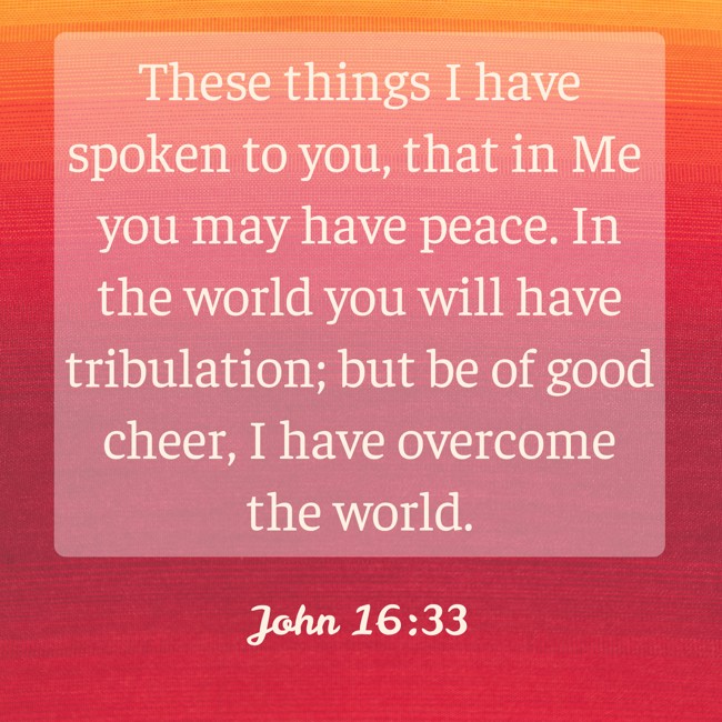 These things I have spoken to you, that in Me you may have peace. In the world you will have tribulation; but be of good cheer, I have overcome the world. - John 16:33