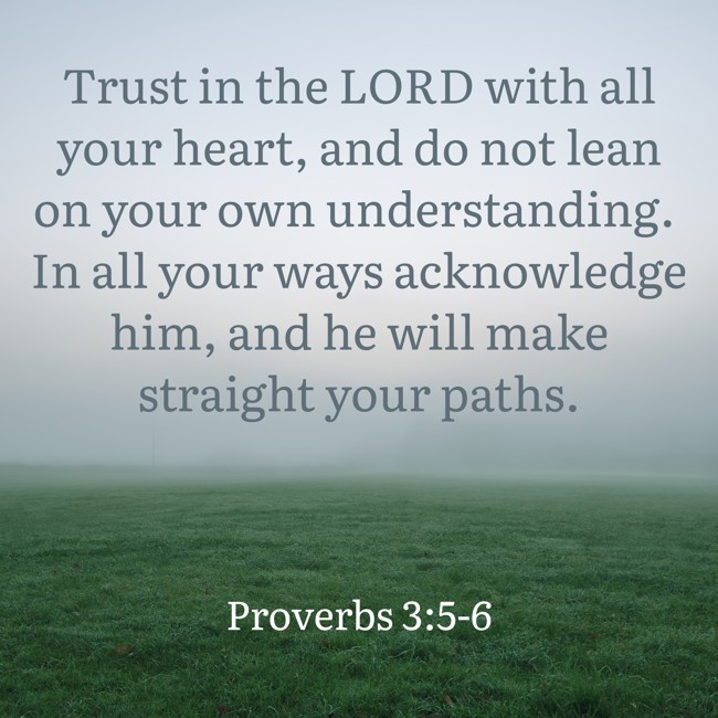 Trust in the LORD with all your heart, and do not lean on your own understanding. In all your ways acknowledge him, and he will make straight your paths. - Proverbs 3:5-6