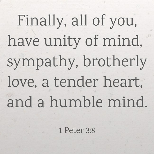 Finally, all of you, have unity of mind, sympathy, brotherly love, a tender heart, and a humble mind. - 1 Peter 3:8