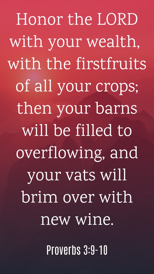 Honor the LORD with your wealth, with the firstfruits of all your crops; then your barns will be filled to overflowing, and your vats will brim over with new wine. - Proverbs 3:9-10
