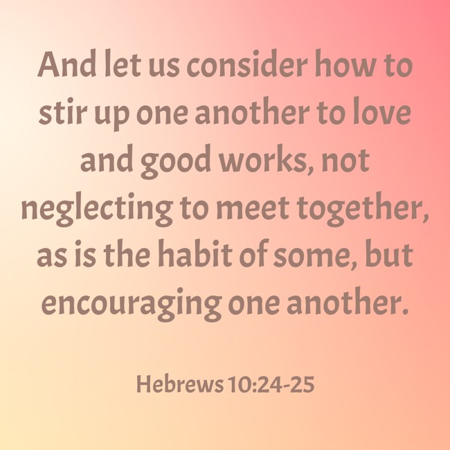  And let us consider how to stir up one another to love and good works, not neglecting to meet together, as is the habit of some, but encouraging one another.   - Hebrews 10:24-25 
