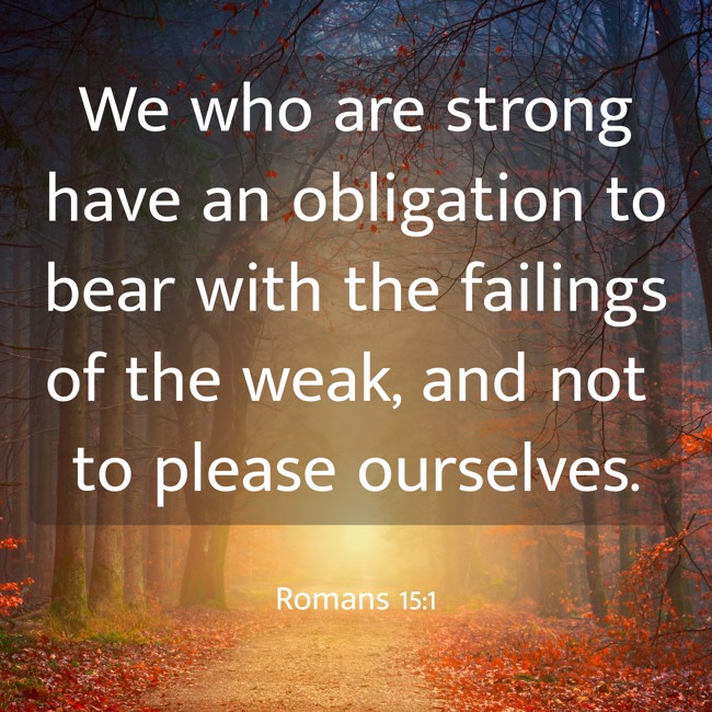  We who are strong have an obligation to bear with the failings of the weak, and not to please ourselves.   - Romans 15:1 