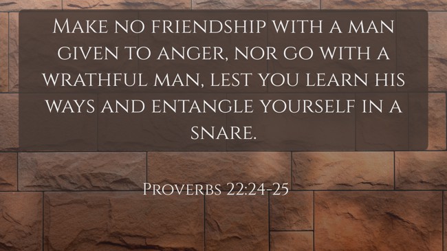 Make no friendship with a man given to anger, nor go with a wrathful man, lest you learn his ways and entangle yourself in a snare. - Proverbs 22:24-25