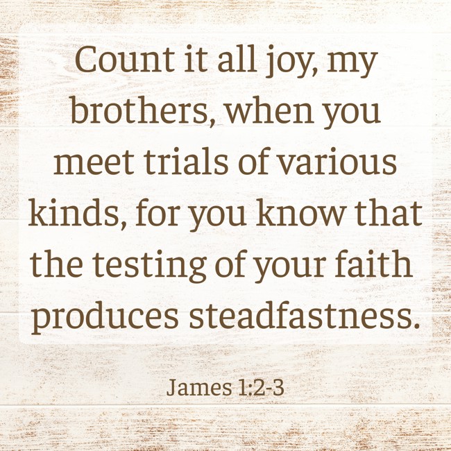 Count it all joy, my brothers, when you meet trials of various kinds, for you know that the testing of your faith produces steadfastness. - James 1:2-3