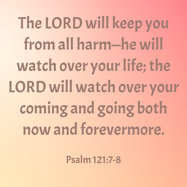 The LORD will keep you from all harm—he will watch over your life; the LORD will watch over your coming and going both now and forevermore. - Psalm 121:7-8