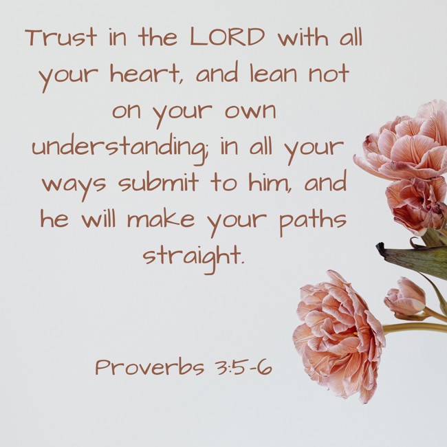 Trust in the LORD with all your heart, and lean not on your own understanding; in all your ways submit to him, and he will make your paths straight. - Proverbs 3:5-6