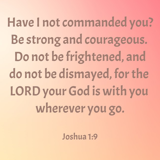 Have I not commanded you? Be strong and courageous. Do not be frightened, and do not be dismayed, for the LORD your God is with you wherever you go. - Joshua 1:9