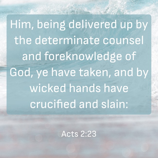 Him, being delivered up by the determinate counsel and foreknowledge of God, ye have taken, and by wicked hands have crucified and slain: - Acts 2:23