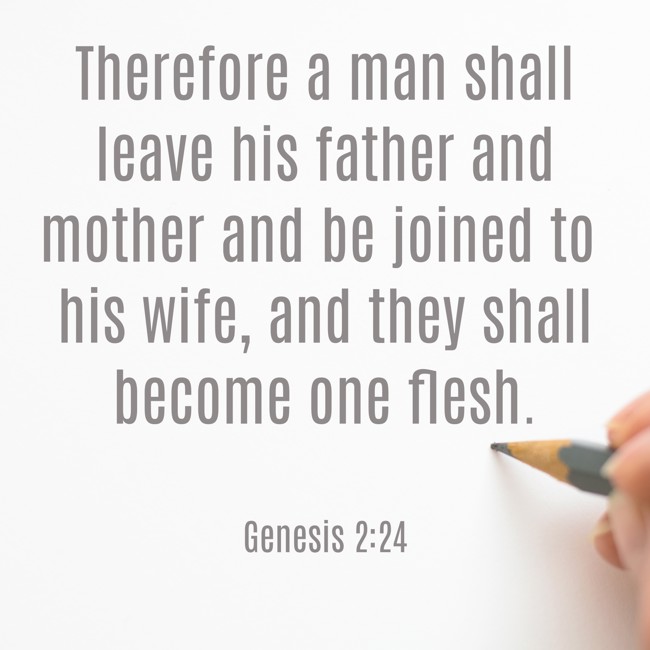  Therefore a man shall leave his father and mother and be joined to his wife, and they shall become one flesh.   - Genesis 2:24 