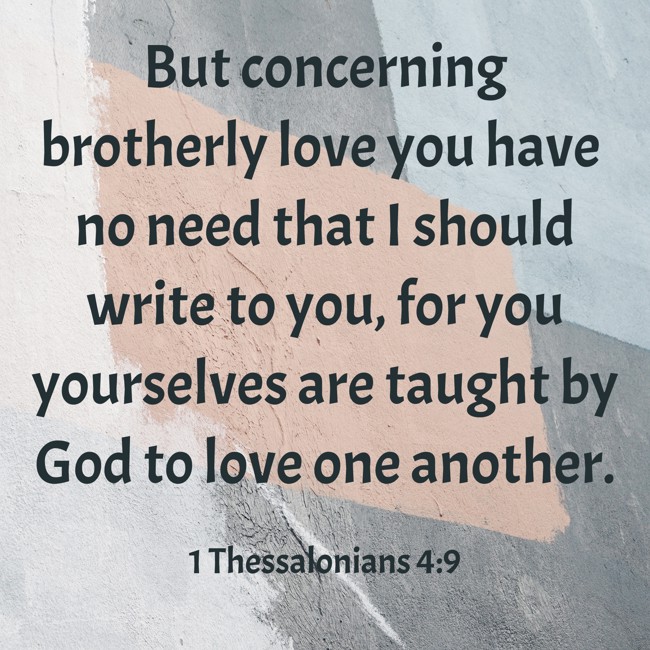  But concerning brotherly love you have no need that I should write to you, for you yourselves are taught by God to love one another.   - 1 Thessalonians 4:9 