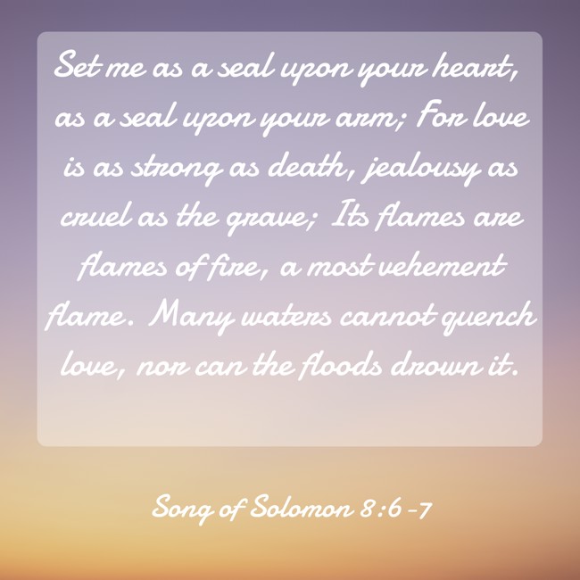  Set me as a seal upon your heart, as a seal upon your arm; For love is as strong as death, jealousy as cruel as the grave; Its flames are flames of fire, a most vehement flame. Many waters cannot quench love, nor can the floods drown it.   - Song of Solomon 8:6-7 