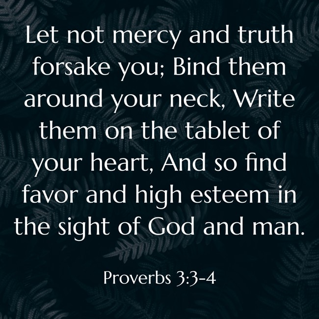  Let not mercy and truth forsake you; Bind them around your neck, Write them on the tablet of your heart, And so find favor and high esteem in the sight of God and man.   - Proverbs 3:3-4 