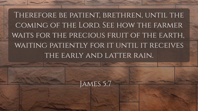 Therefore be patient, brethren, until the coming of the Lord. See how the farmer waits for the precious fruit of the earth, waiting patiently for it until it receives the early and latter rain. - James 5:7