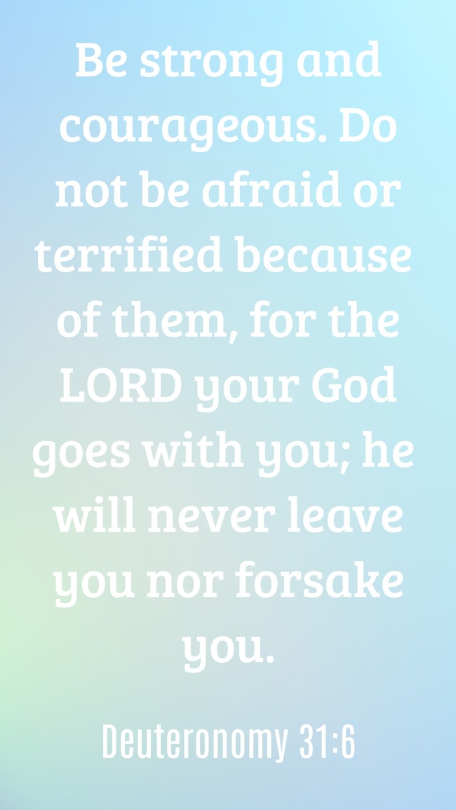 Be strong and courageous. Do not be afraid or terrified because of them, for the LORD your God goes with you; he will never leave you nor forsake you. - Deuteronomy 31:6