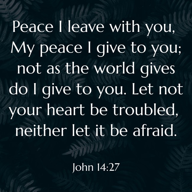 Peace I leave with you, My peace I give to you; not as the world gives do I give to you. Let not your heart be troubled, neither let it be afraid. - John 14:27