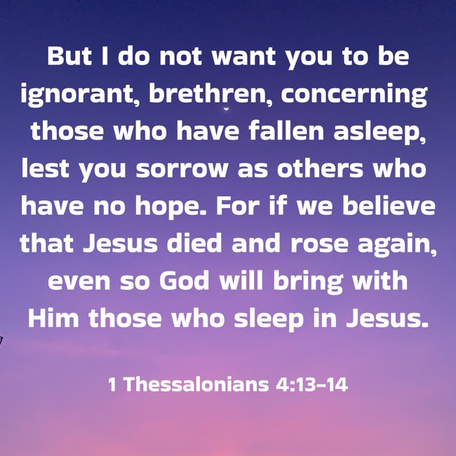 But I do not want you to be ignorant, brethren, concerning those who have fallen asleep, lest you sorrow as others who have no hope. For if we believe that Jesus died and rose again, even so God will bring with Him those who sleep in Jesus. - 1 Thessalonians 4:13-14