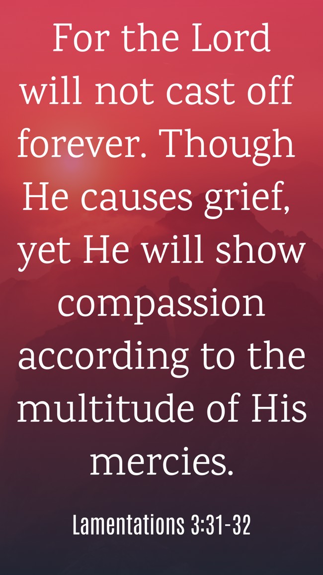 For the Lord will not cast off forever. Though He causes grief, yet He will show compassion according to the multitude of His mercies. - Lamentations 3:31-32