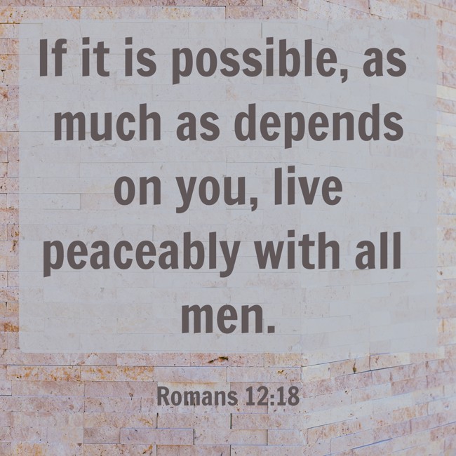 If it is possible, as much as depends on you, live peaceably with all men. - Romans 12:18