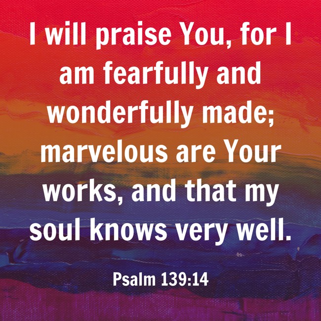 I will praise You, for I am fearfully and wonderfully made; marvelous are Your works, and that my soul knows very well. - Psalm 139:14