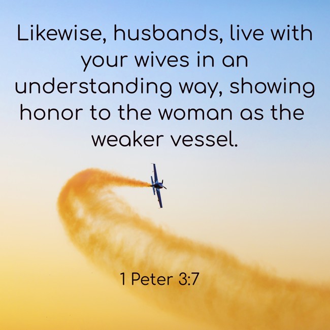 Likewise, husbands, live with your wives in an understanding way, showing honor to the woman as the weaker vessel. - 1 Peter 3:7