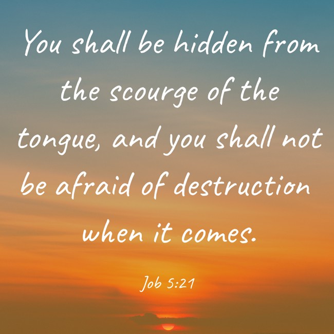 You shall be hidden from the scourge of the tongue, and you shall not be afraid of destruction when it comes. - Job 5:21