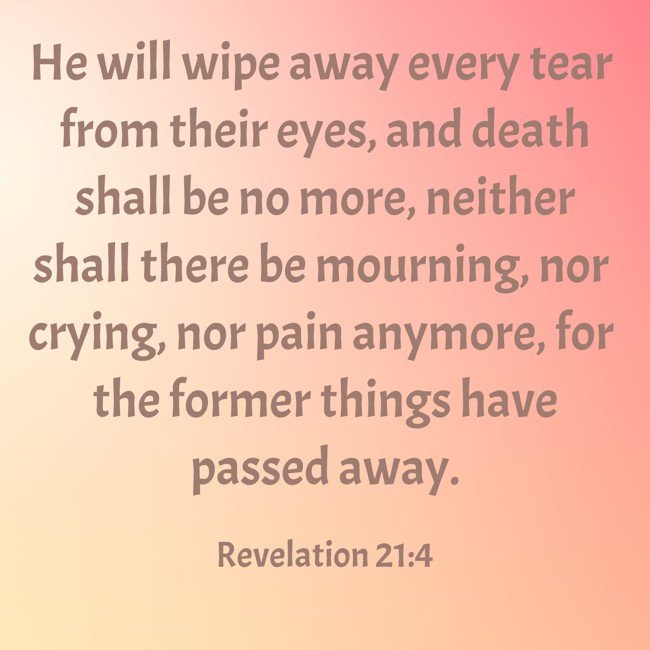 He will wipe away every tear from their eyes, and death shall be no more, neither shall there be mourning, nor crying, nor pain anymore, for the former things have passed away. - Revelation 21:4