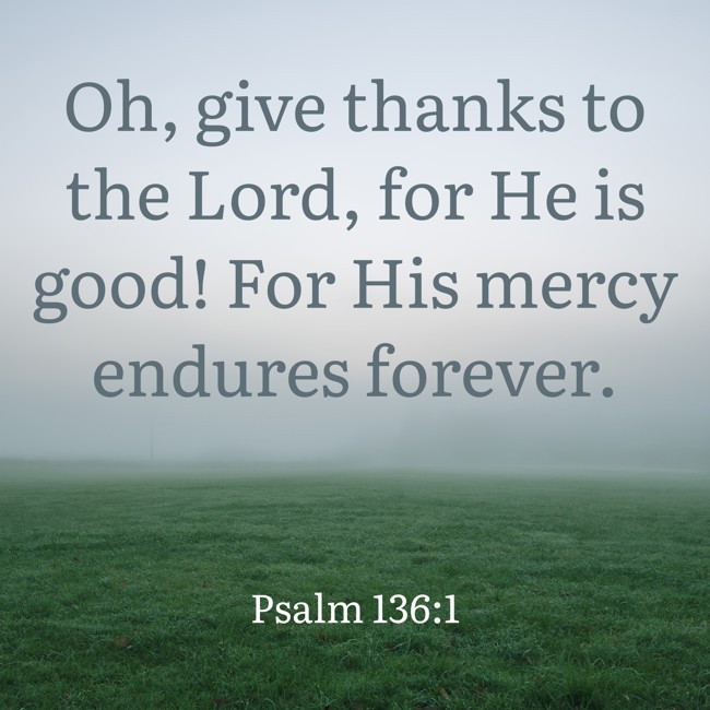 Oh, give thanks to the Lord, for He is good! For His mercy endures forever. - Psalm 136:1