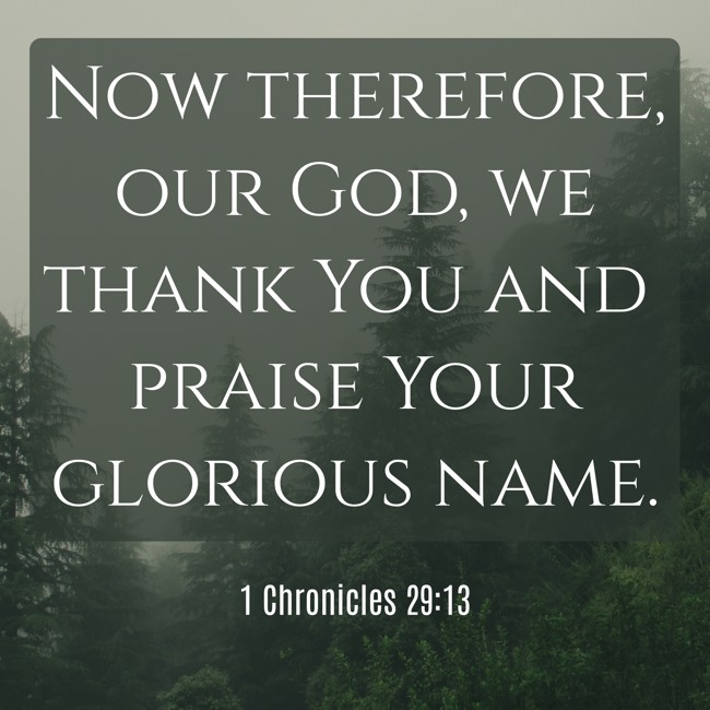 Now therefore, our God, we thank You and praise Your glorious name. - 1 Chronicles 29:13