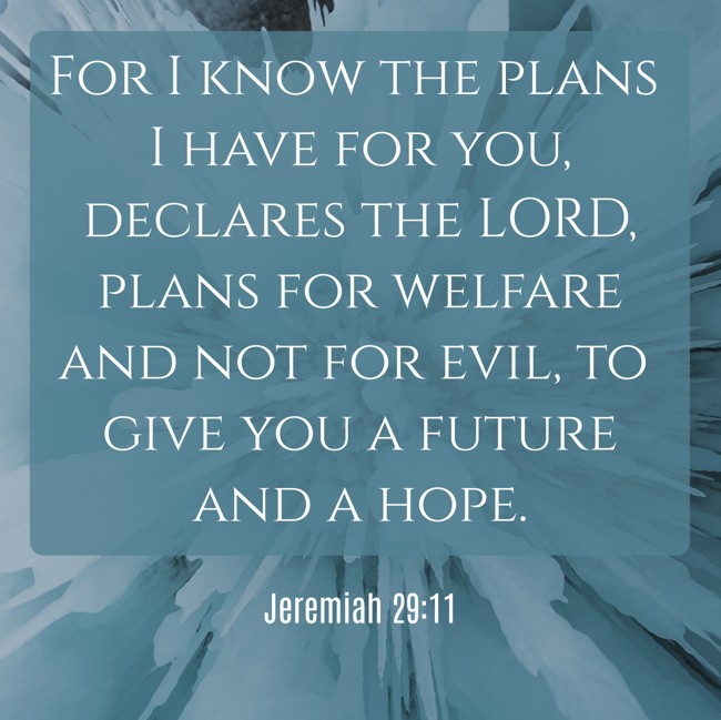 For I know the plans I have for you, declares the LORD, plans for welfare and not for evil, to give you a future and a hope. - Jeremiah 29:11