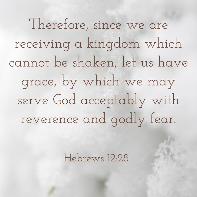 Therefore, since we are receiving a kingdom which cannot be shaken, let us have grace, by which we may serve God acceptably with reverence and godly fear. - Hebrews 12:28