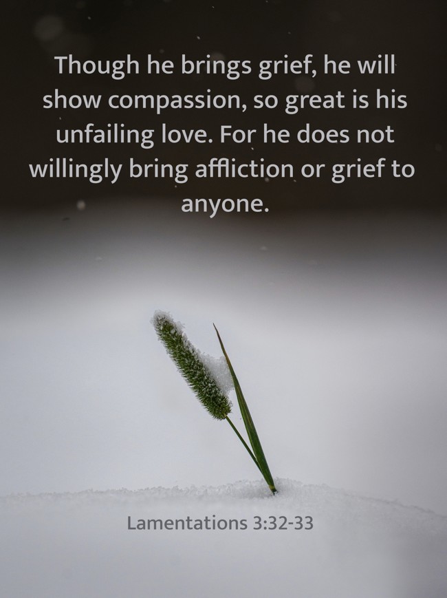 Though he brings grief, he will show compassion, so great is his unfailing love. For he does not willingly bring affliction or grief to anyone. - Lamentations 3:32-33