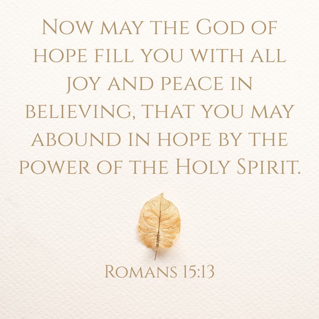 Now may the God of hope fill you with all joy and peace in believing, that you may abound in hope by the power of the Holy Spirit. - Romans 15:13