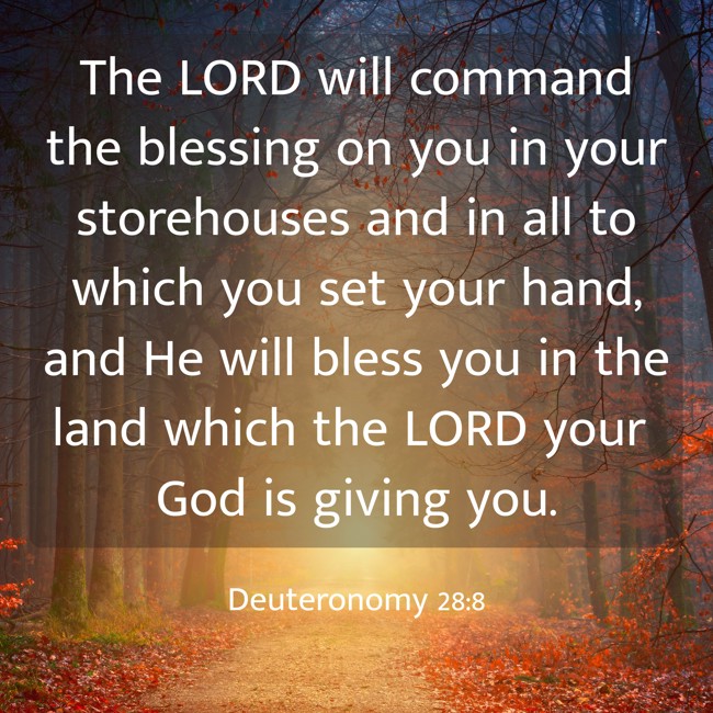 The LORD will command the blessing on you in your storehouses and in all to which you set your hand, and He will bless you in the land which the LORD your God is giving you. - Deuteronomy 28:8