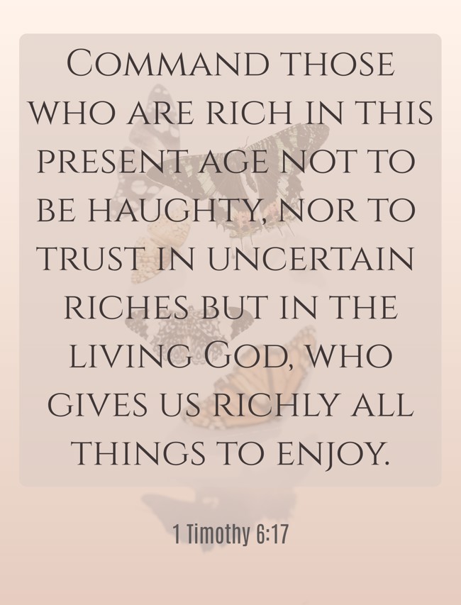Command those who are rich in this present age not to be haughty, nor to trust in uncertain riches but in the living God, who gives us richly all things to enjoy. - 1 Timothy 6:17