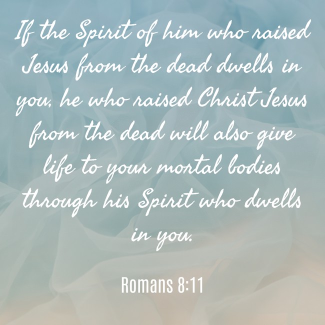 If the Spirit of him who raised Jesus from the dead dwells in you, he who raised Christ Jesus from the dead will also give life to your mortal bodies through his Spirit who dwells in you. - Romans 8:11