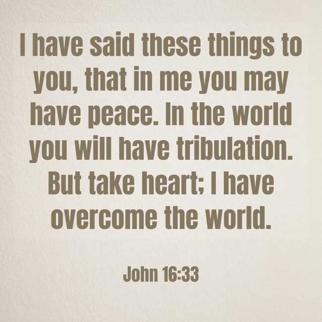 I have said these things to you, that in me you may have peace. In the world you will have tribulation. But take heart; I have overcome the world. - John 16:33