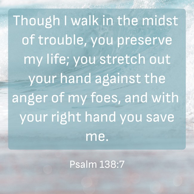 Though I walk in the midst of trouble, you preserve my life; you stretch out your hand against the anger of my foes, and with your right hand you save me. - Psalm 138:7