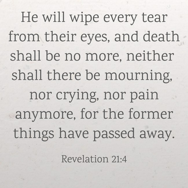 He will wipe every tear from their eyes, and death shall be no more, neither shall there be mourning, nor crying, nor pain anymore, for the former things have passed away. - Revelation 21:4