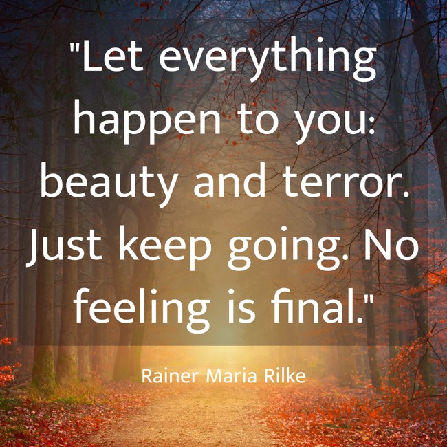 Let everything happen to you: beauty and terror. Just keep going. No feeling is final. - Rainer Maria Rilke