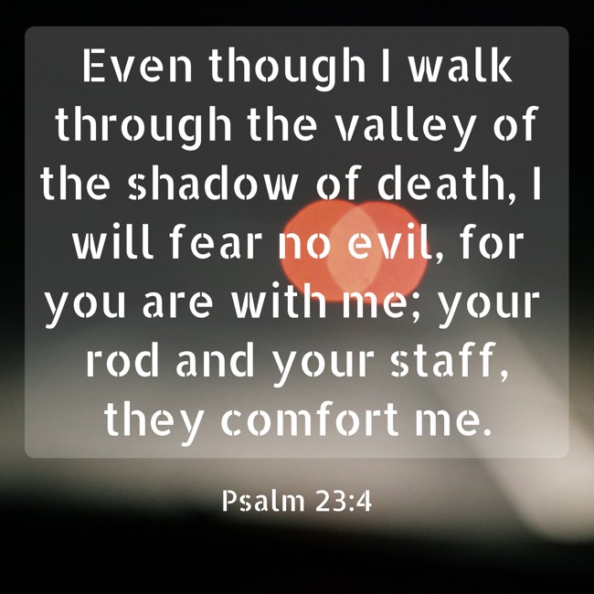 Even though I walk through the valley of the shadow of death, I will fear no evil, for you are with me; your rod and your staff, they comfort me. - Psalm 23:4