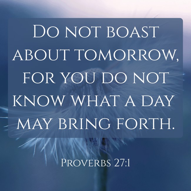 Do not boast about tomorrow, for you do not know what a day may bring forth. - Proverbs 27:1