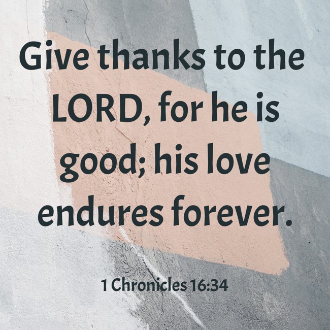 Give thanks to the LORD, for he is good; his love endures forever. - 1 Chronicles 16:34