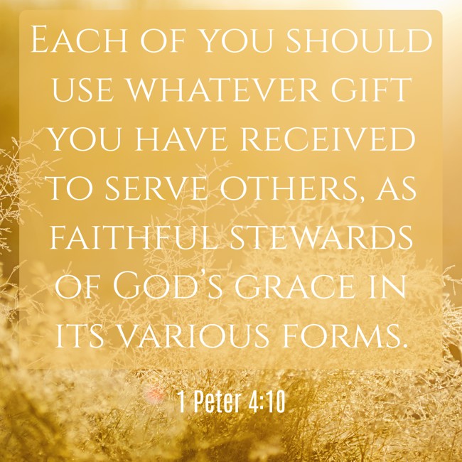 Each of you should use whatever gift you have received to serve others, as faithful stewards of God’s grace in its various forms. - 1 Peter 4:10
