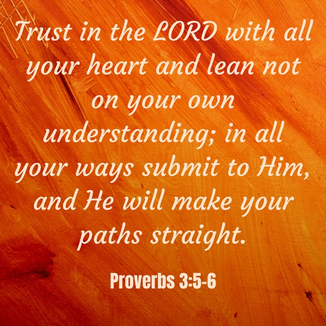 Trust in the LORD with all your heart and lean not on your own understanding; in all your ways submit to Him, and He will make your paths straight. - Proverbs 3:5-6