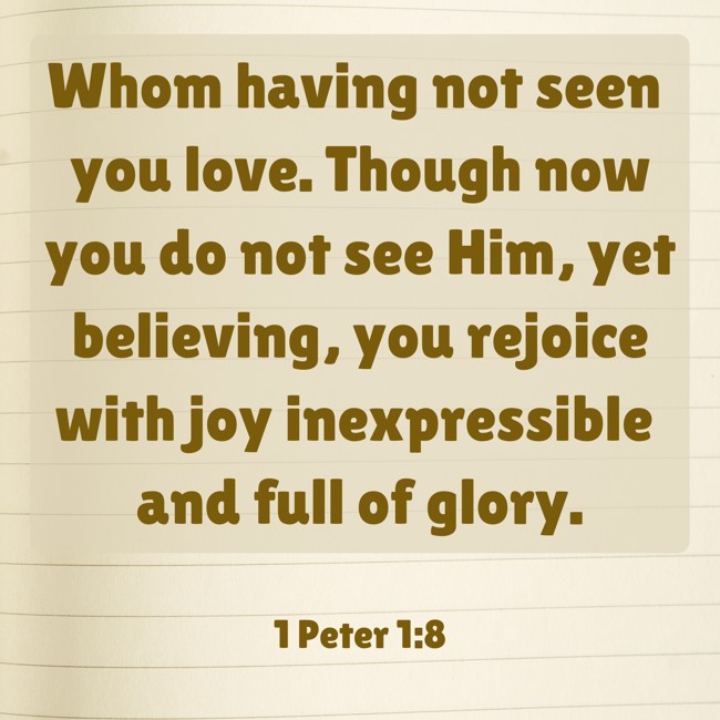  Whom having not seen you love. Though now you do not see Him, yet believing, you rejoice with joy inexpressible and full of glory.   - 1 Peter 1:8 