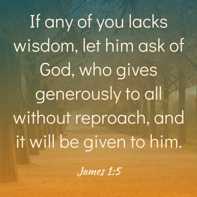 If any of you lacks wisdom, let him ask of God, who gives generously to all without reproach, and it will be given to him. - James 1:5